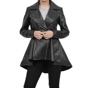 NEW DECRUM asymmetrical peplum leather jacket in black